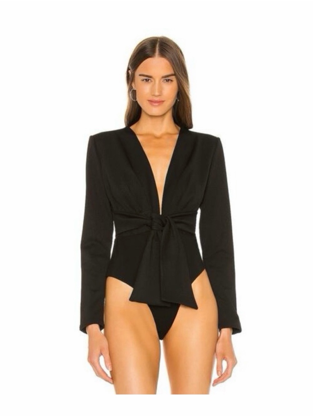 Bardot Black Tie-Front V-Neck Long Sleeve Bodysuit